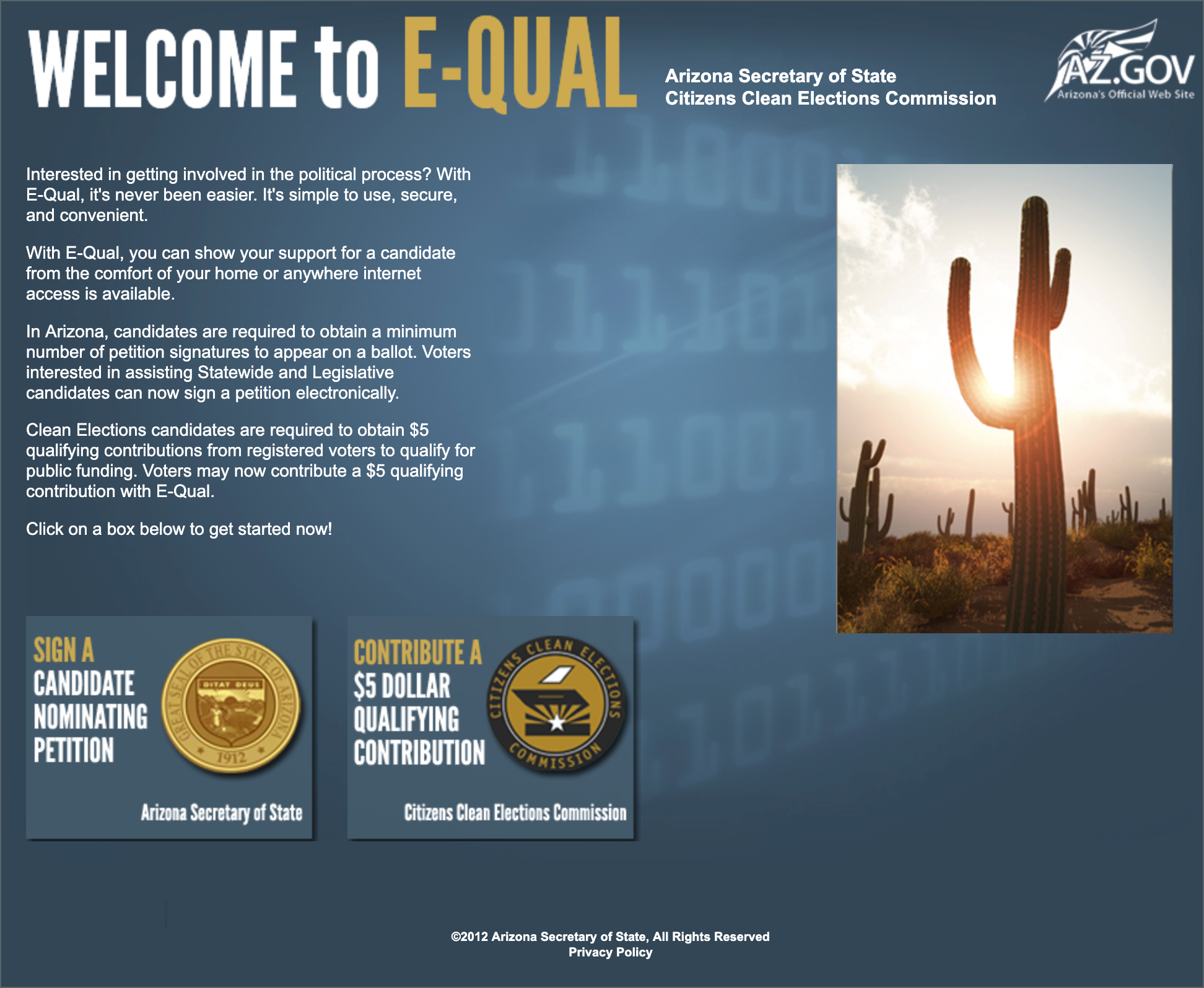 E-Qual home page showing the two main options: Sign a Candidate Nominating Petition and Contribute a $5 Dollar Qualifying Contribution