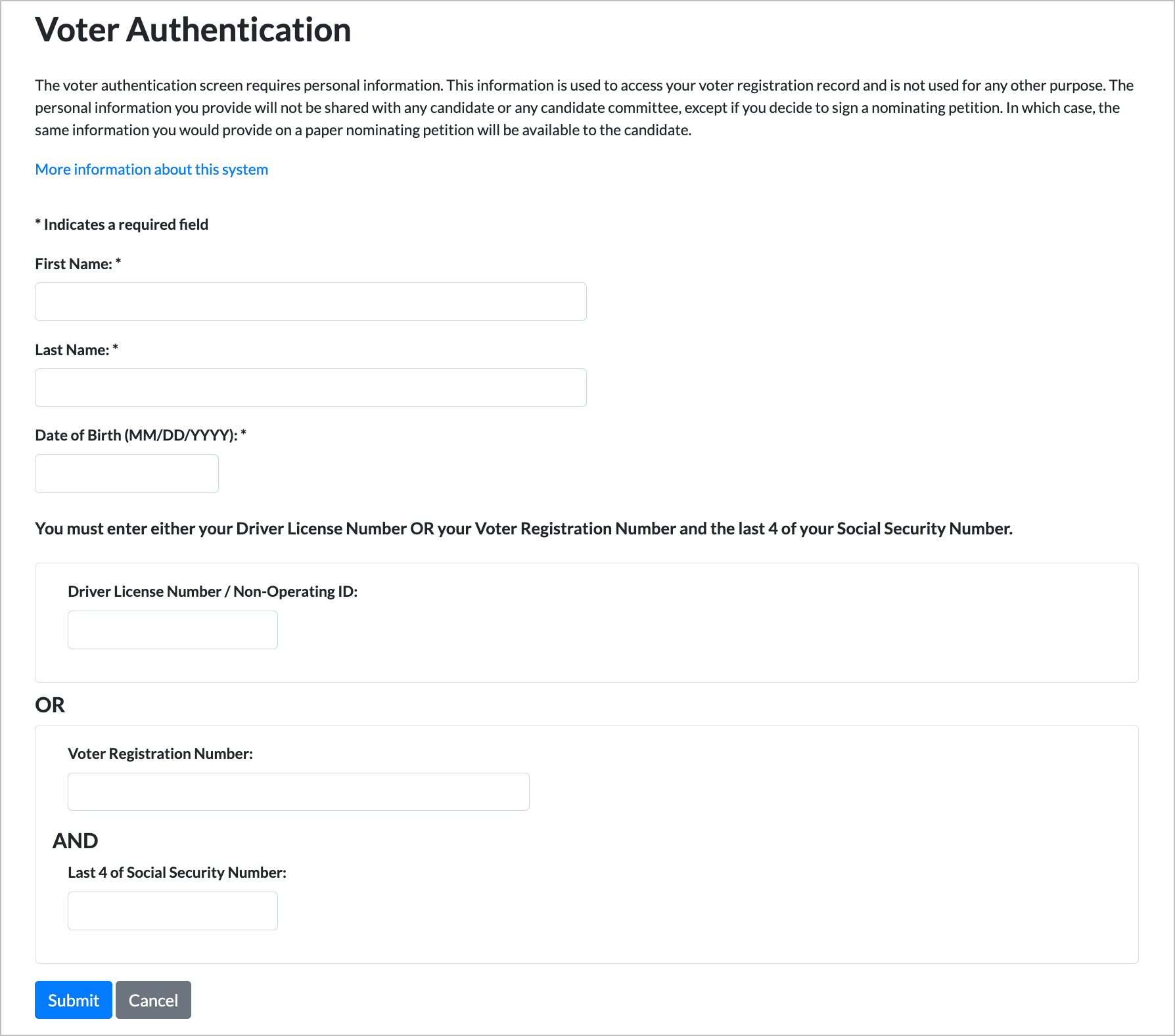 E-Qual voter authentication form showing fields for First Name, Last Name, Date of Birth, Driver License Number, and the alternative Voter Registration Number plus last 4 of SSN