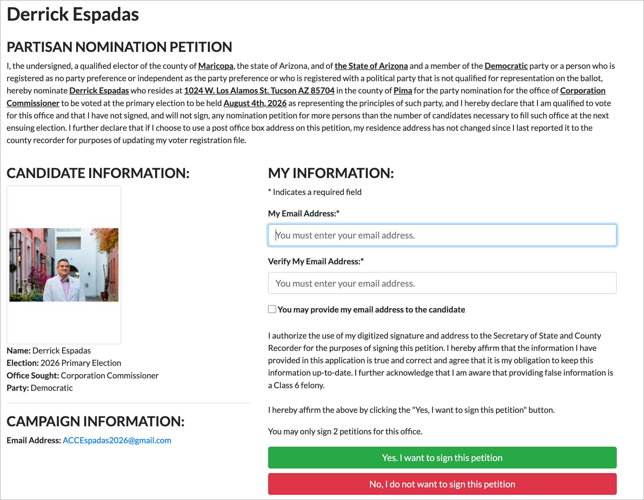 Petition detail page for Derrick Espadas showing candidate information, the petition text, email fields, and green Yes I want to sign and red No I do not want to sign buttons
