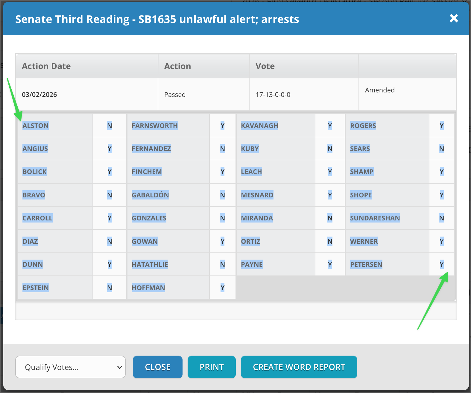 AZleg vote popup — green arrows show first and last cells to select