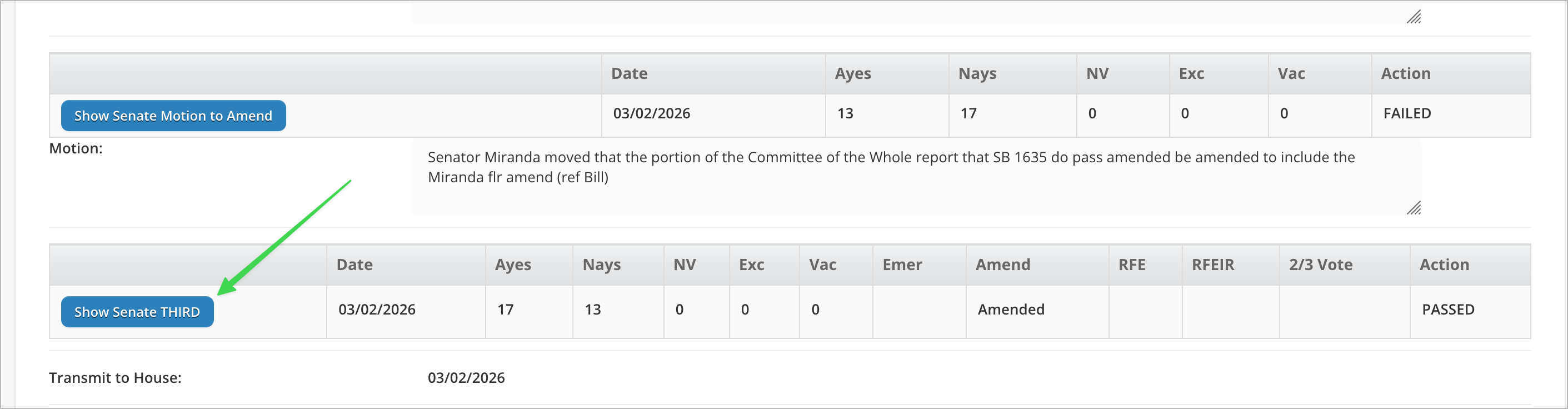 AZleg bill page — arrow points to Show Senate THIRD button