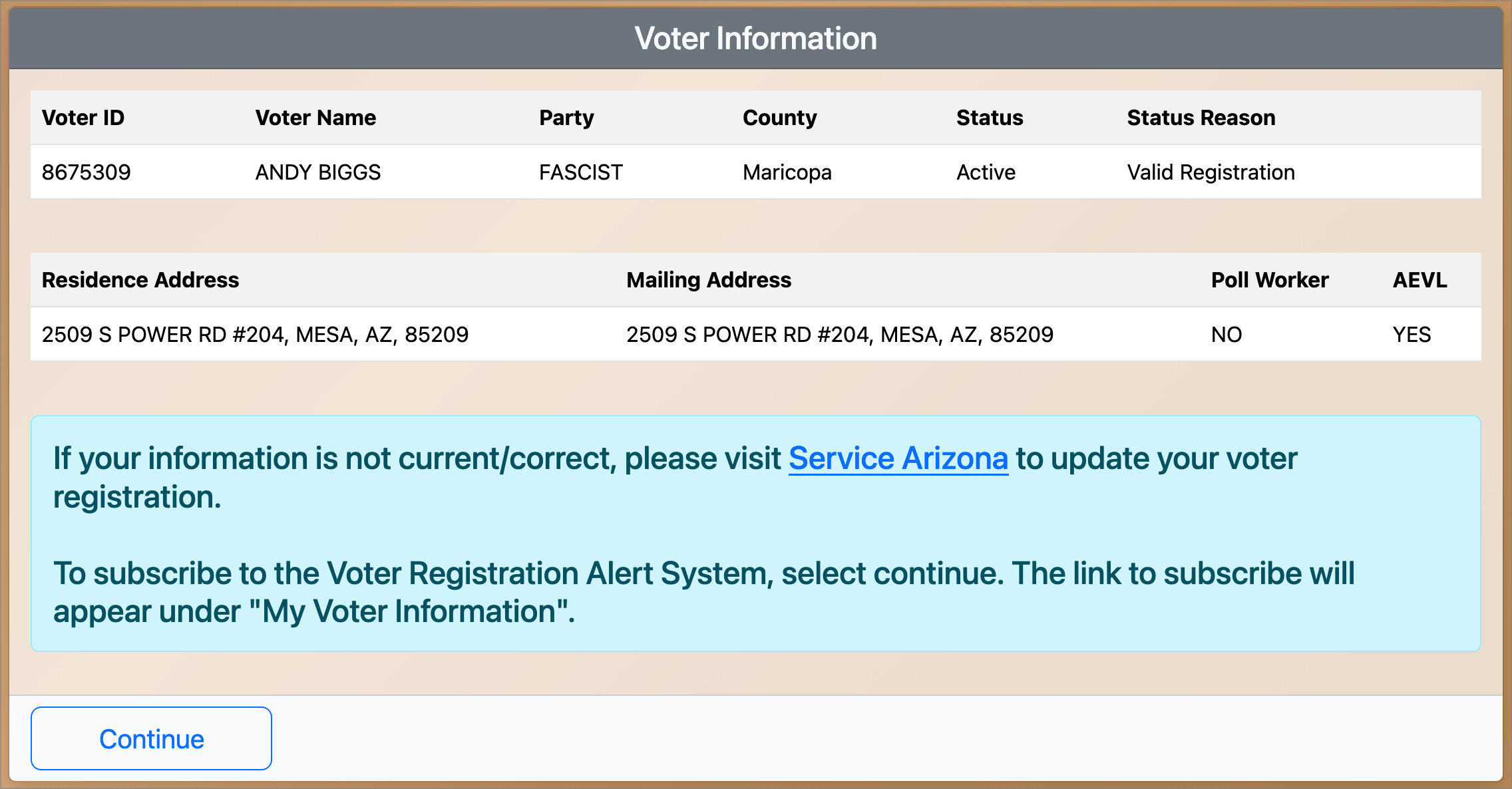 Example of an active voter registration showing Voter ID, name, party, county, status as Active, and status reason as Valid Registration